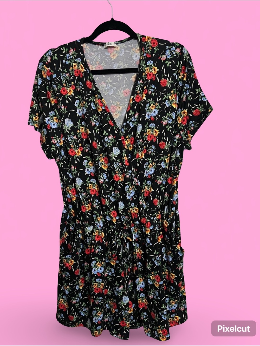 Black Floral V-Neck Romper with Red & Blue Blooms